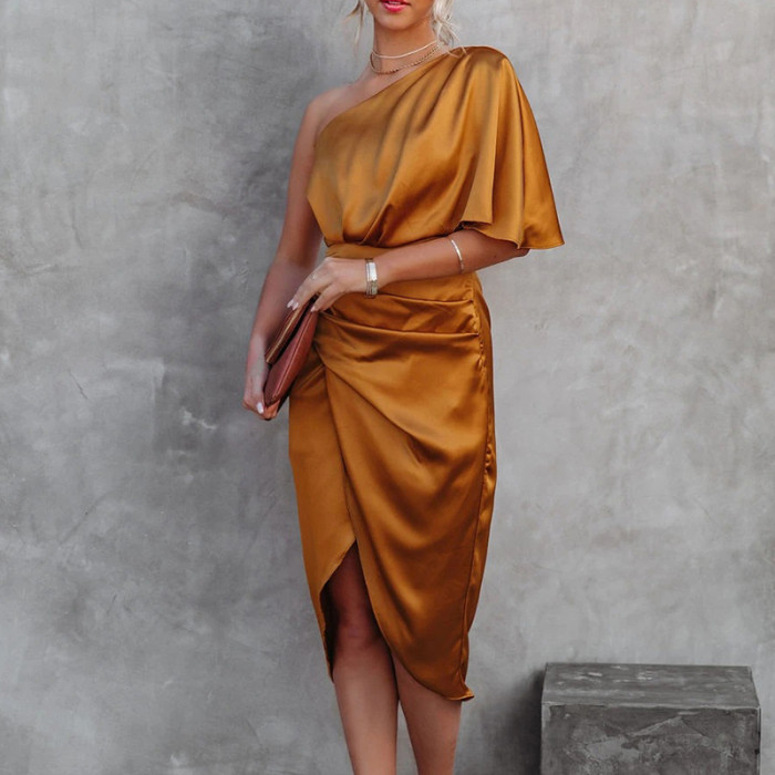 Fashion Solid Color Party Satin One Shoulder High Slit Strap Irregular  Midi Dress