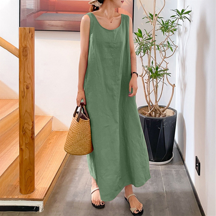 Casual Fashion Simple Style Loose Pockets Round Neck Sleeveless Dress