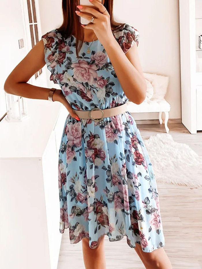 Fashionable Floral Print Sleeveless V Neck Pleated Chiffon  Midi Dress