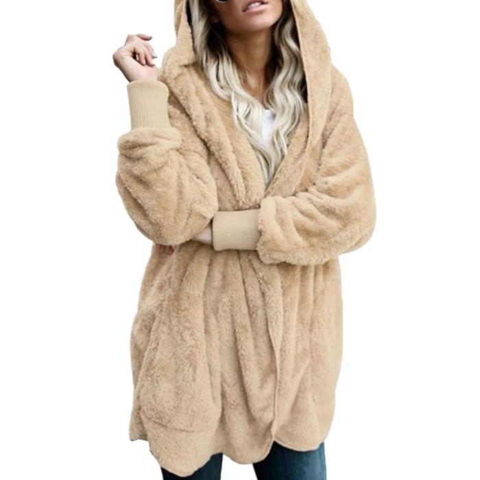 Winter Fashion Solid Color Warm Women Fashion Faux Fur Hooded  Coats