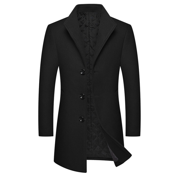 Men's Casual Long Wool Coat Solid Color Lapel Single Breasted Coat