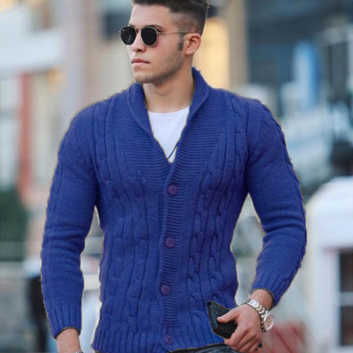 Men's Fashion Knit Solid Color Single Breasted Lapel Slim Button Cardigan