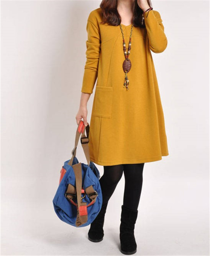 Fashion Retro Solid Color Loose Long Sleeve Pocket Casual Dress