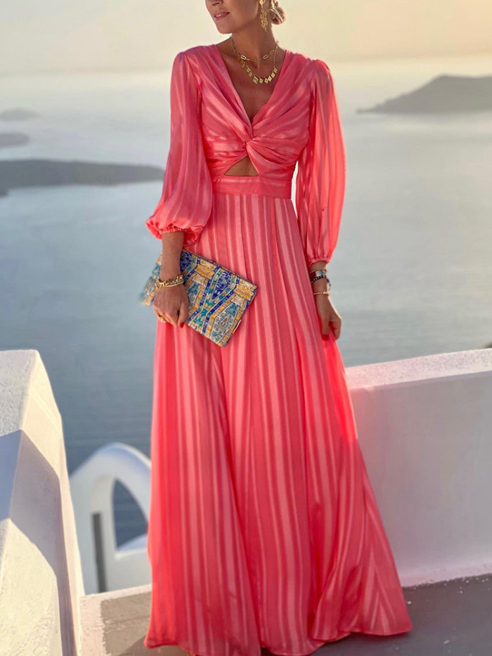 Fashion Puff Sleeve Elegant V Neck Cutout Party Retro Sexy  Maxi Dress