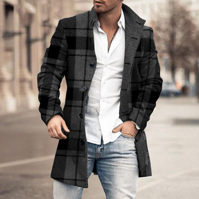 Men's Single Breasted Wool Blend Lapel Vintage Long Coats & Jackets
