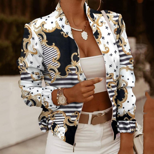 Printed Women's Floral Casual Long Sleeve Pocket Zipper Slim Fit Jacket