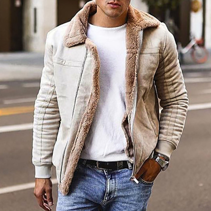 Fashion Solid Color Warm Velvet Long Sleeve Vintage Lapel Zipper  Men's Coats & Jackets