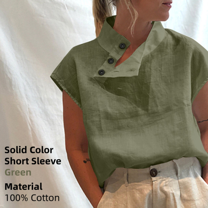Short Sleeve Solid Color Cotton Linen Fashion Casual Loose  Blouses & Shirts