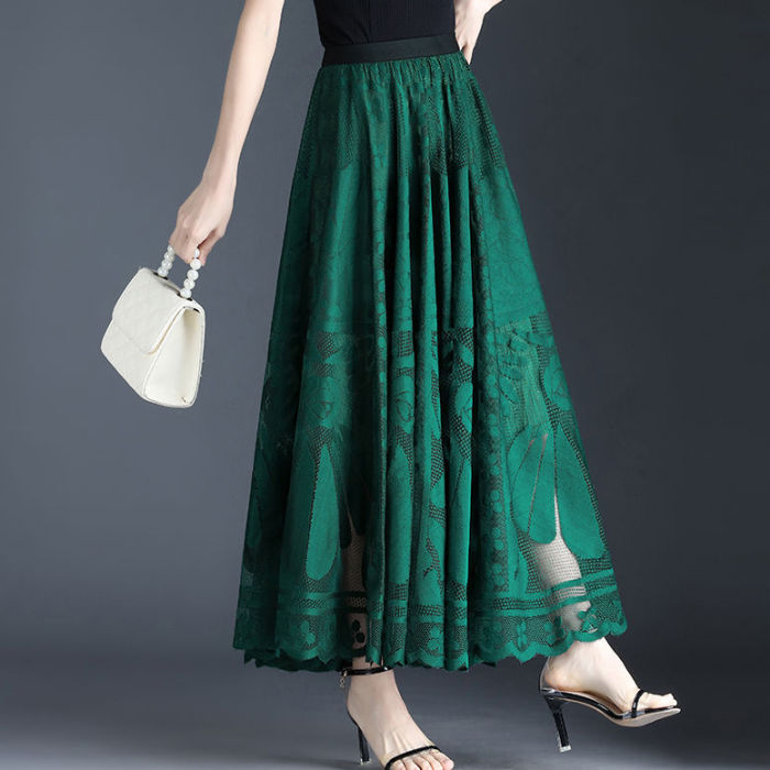 Lace Fashion Swing Tulle Solid Color Hollow Pleated A-Line Skirt