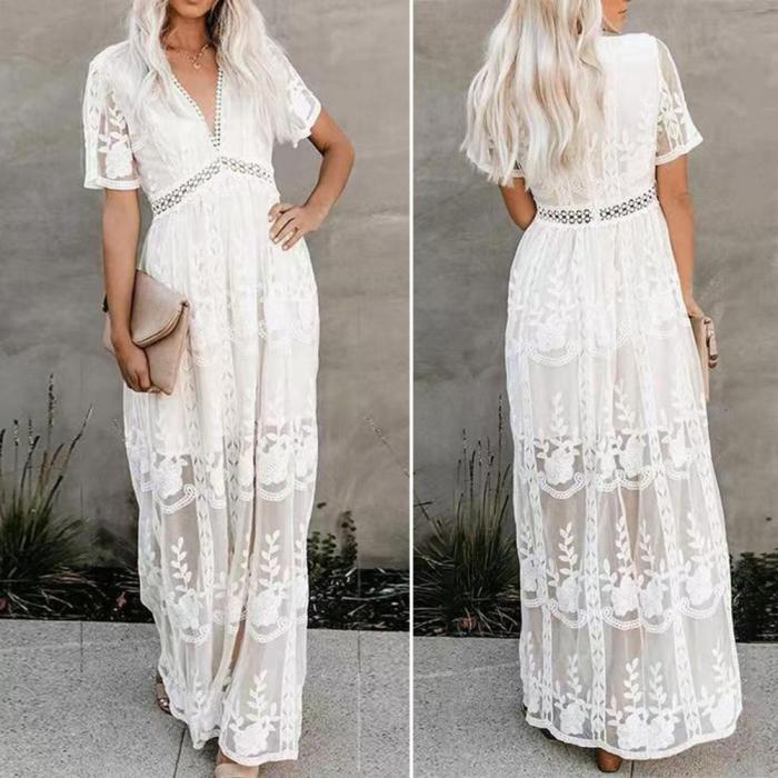 Bohemian Loose Embroidered White Lace Resort Maxi Dress