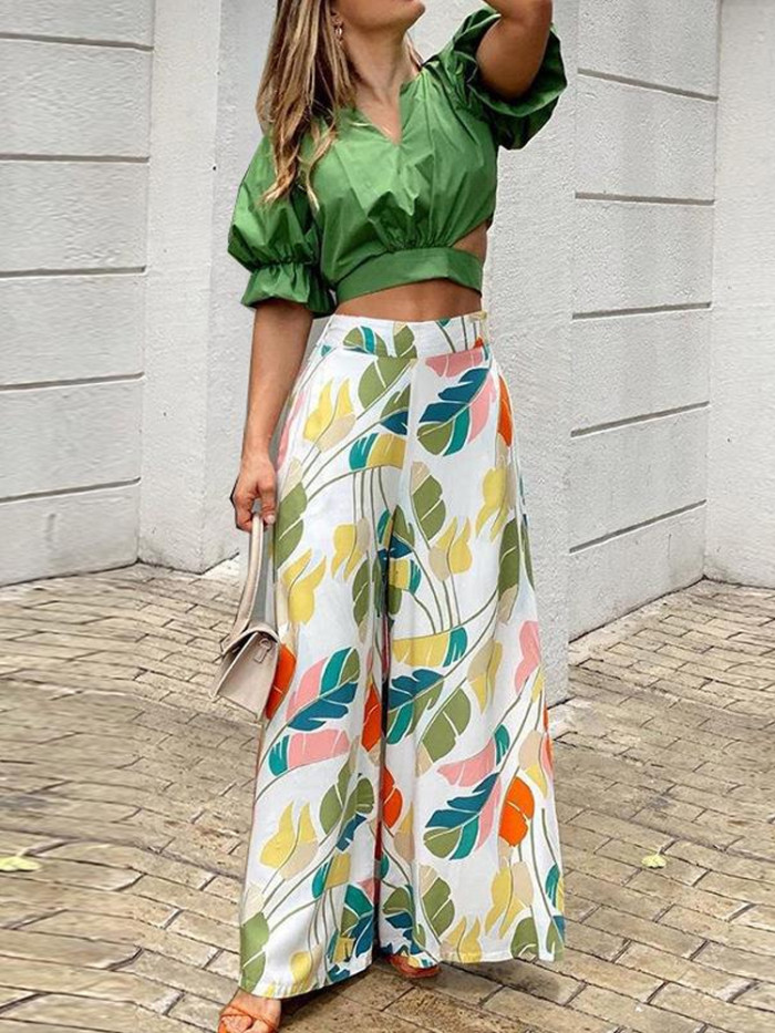 Elegant Hollow Puff Sleeve Top + Printed Wide-leg Pants  Two-piece Outfits