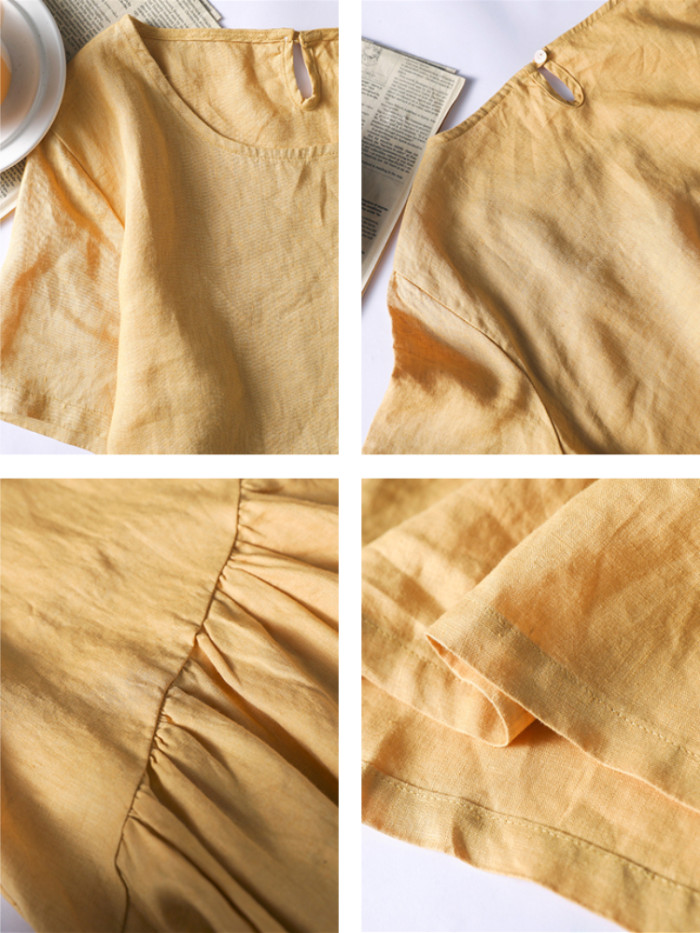 Fashion Irregular Cotton Linen Round Neck Solid Color Loose  Maxi Dress