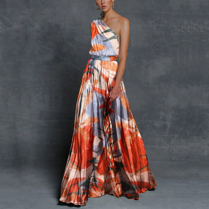 One-Shoulder Fashion Off Shoulder Print Sexy Swing Party  Maxi Dress
