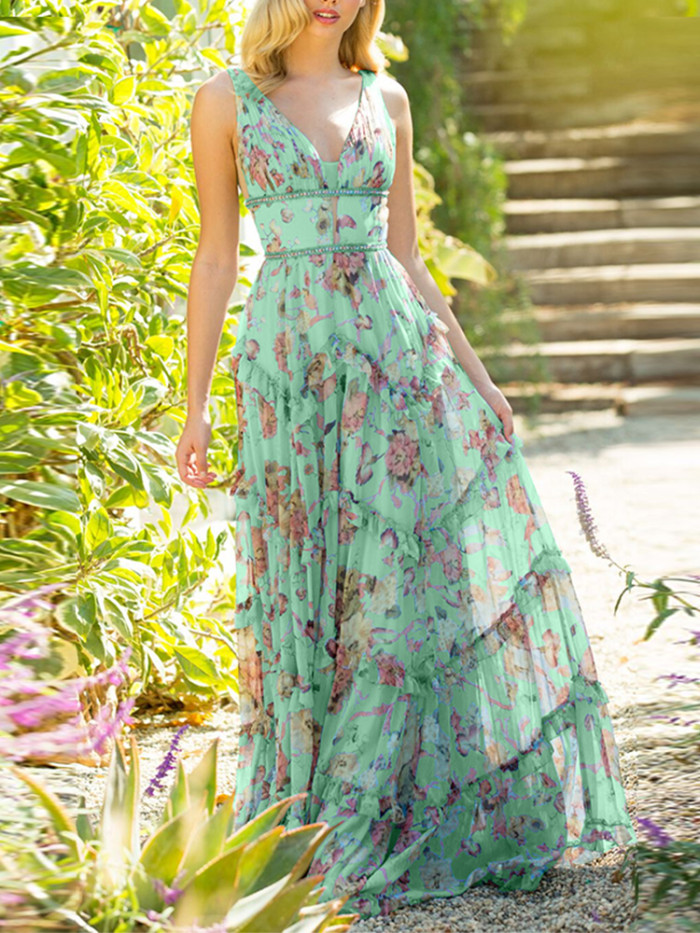 Trendy Tulle V Neck Sleeveless Floral Backless Prom Party  Maxi Dress