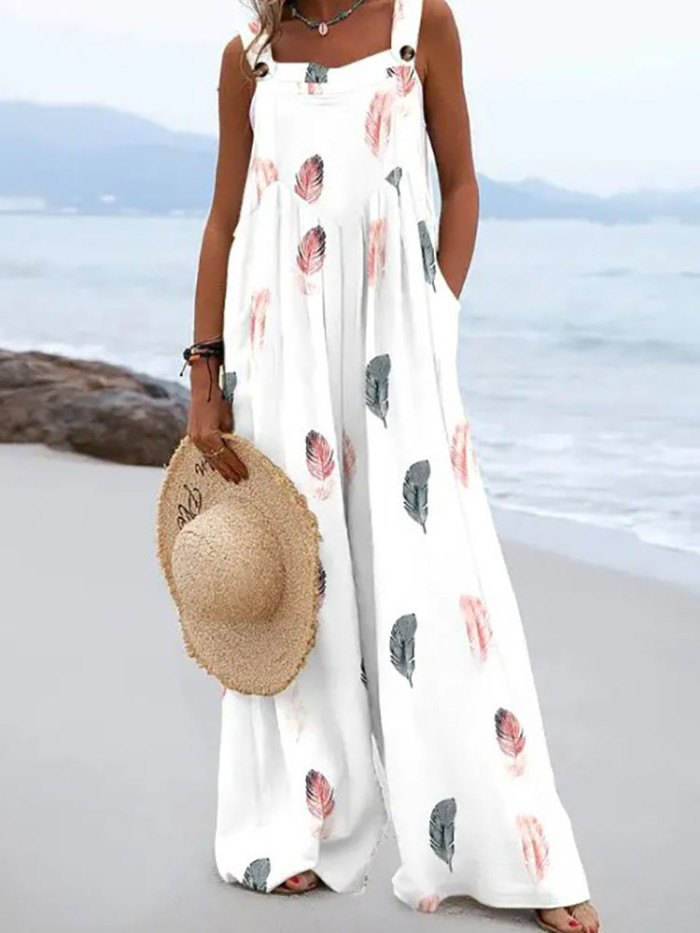 Retro Print Double Pocket Casual Loose Sleeveless Beach Wide Leg Jumpsuit