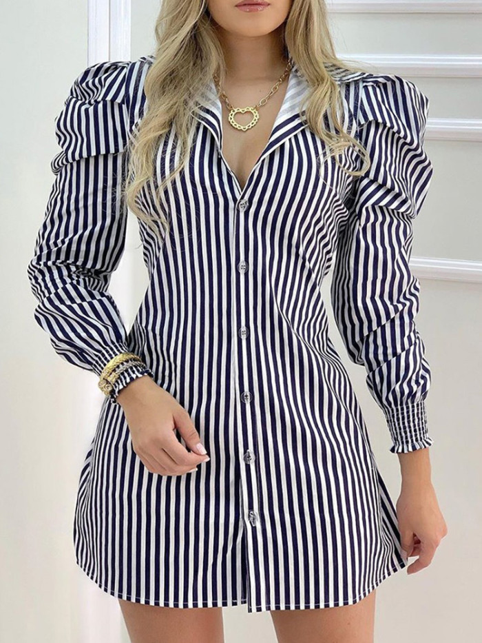 Striped Button Puff Sleeve Shirt Fashion Casual Mini Dress