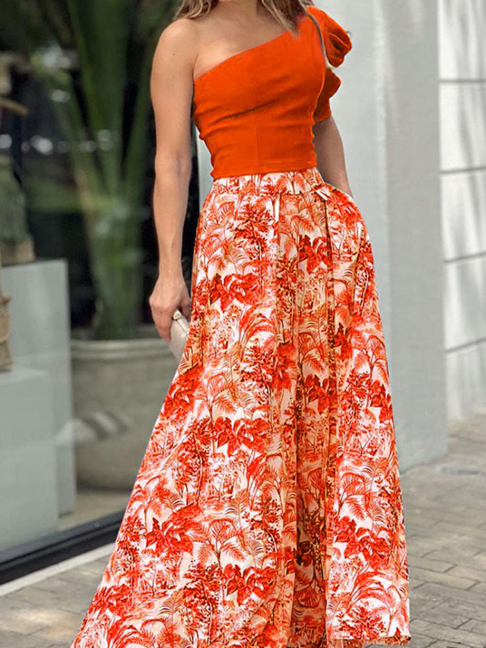 Elegant Hollow Puff Sleeve Top + Printed Wide-leg Pants  Two-piece Outfits