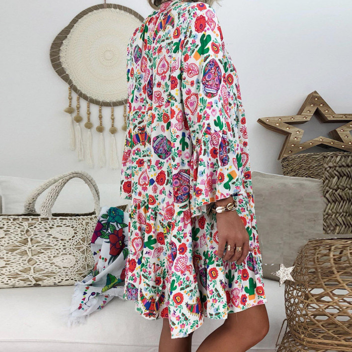 Bohemian Floral Elegant Loose Print Long Sleeve Mini Dress