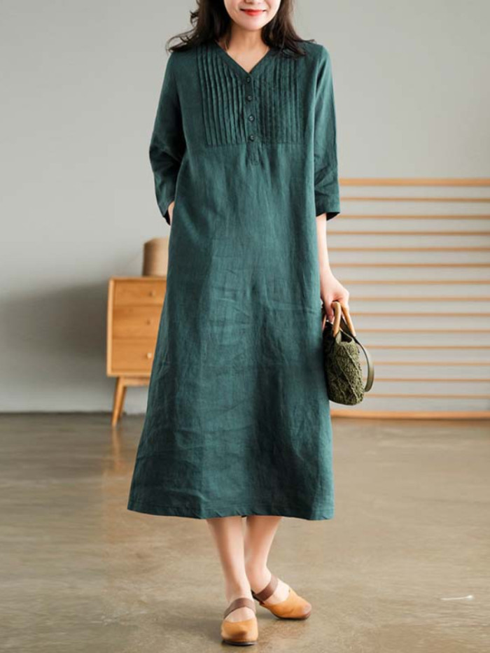 Fashion Loose Solid Color V Neck Cotton Linen Midi Dress