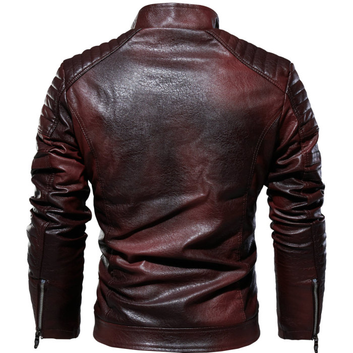 Jacket Men's Winter Fleece Motorcycle PU Stand Collar Casual Coats