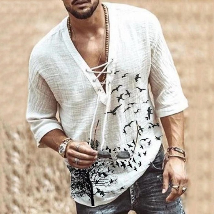 Men's Solid Color Tops Casual Short Sleeve Cotton Linen Loose Blouse & Shirts