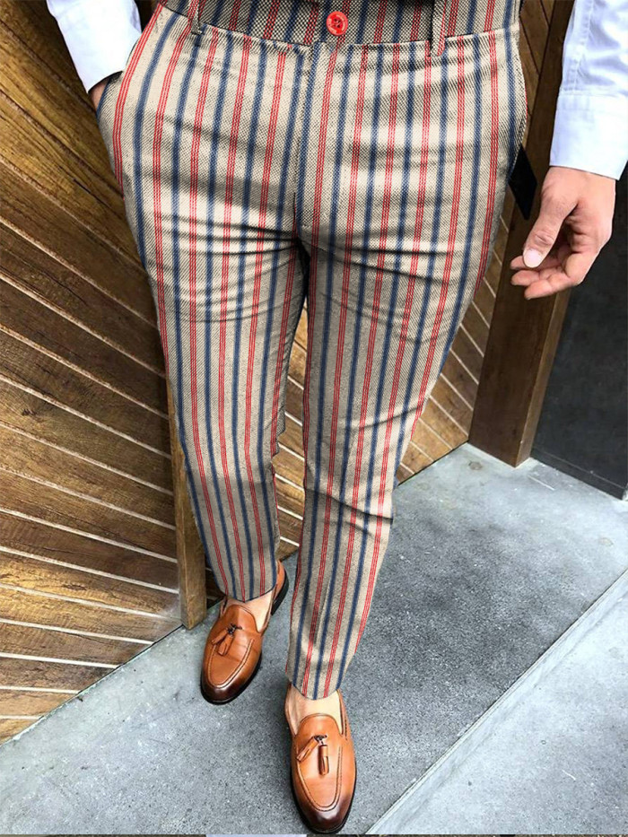 Men's Fashion Plaid Business Casual Retro Stitching Straight Leg Trousers