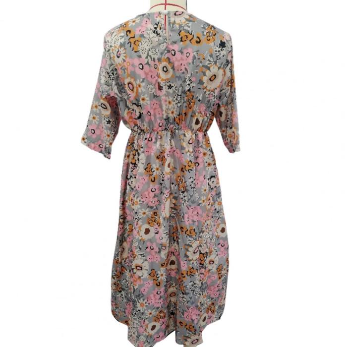 Boho Floral Vintage Print O-Neck Pocket Midi Dress