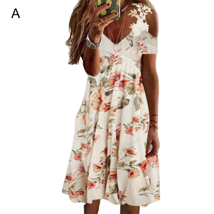 Stylish Floral Print Lace Loose A-Line Slit Maxi Dress