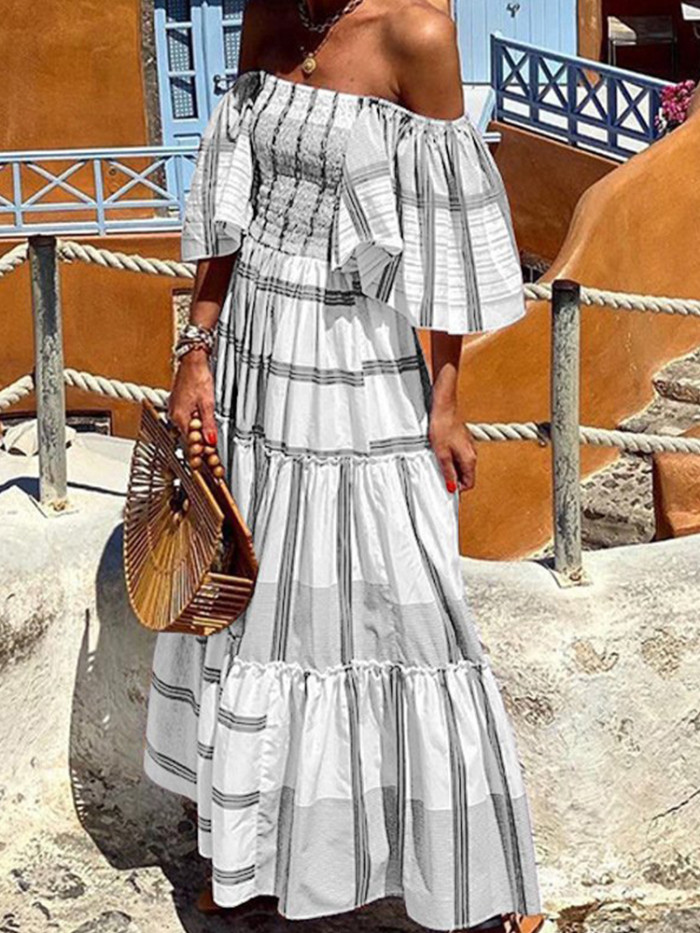 Trendy Plaid Print A Line Sexy Off Shoulder Boho Casual Party Maxi Dress
