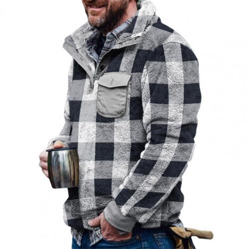 Men's Sweater Plaid Thickened Fleece Loose Hooded Jacket