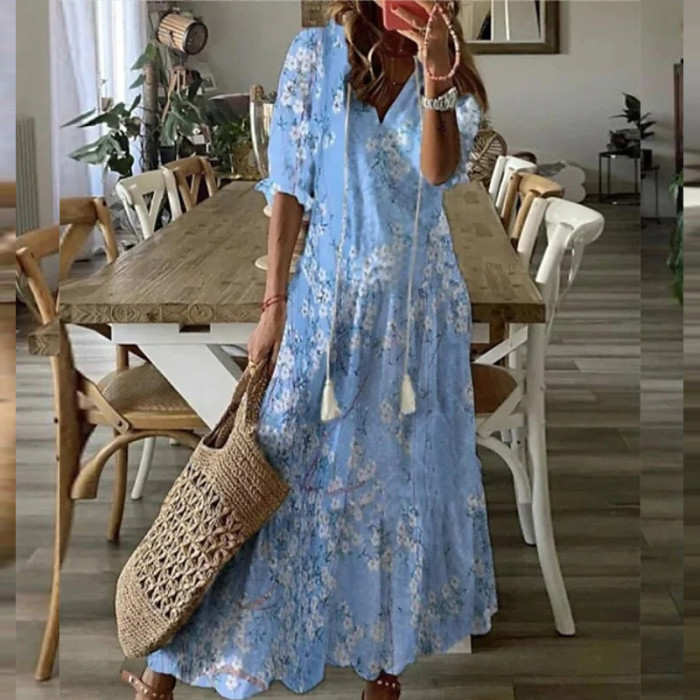 Elegant V Neck Casual Embroidery Slim Fashion Vintage Maxi Dress