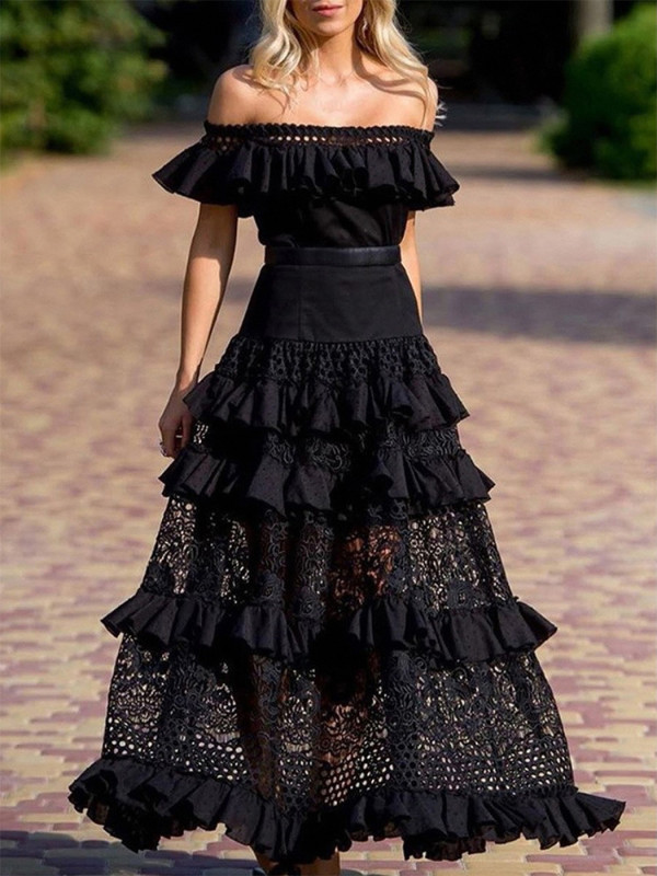 One-ShoulderElegant Solid Color Ruffle Fashion Sleeveless Lace Hollow Party Sexy  Evening Dress