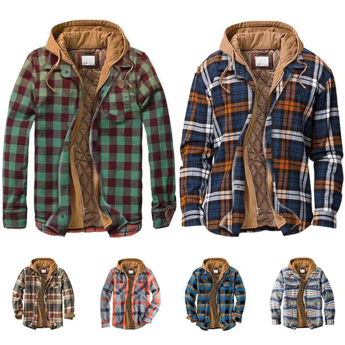 Fashion Cotton Men's Long Sleeve Check Button Thick Hoodie  Men's Coats & Jackets