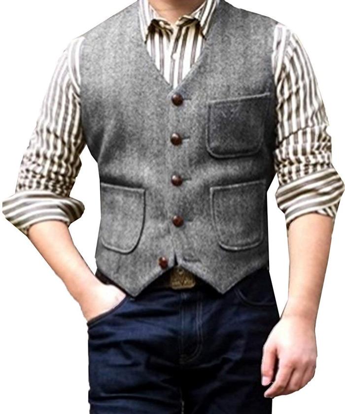 Men's Blazer V Neck Wool Herringbone Tweed Casual Formal Business Vest
