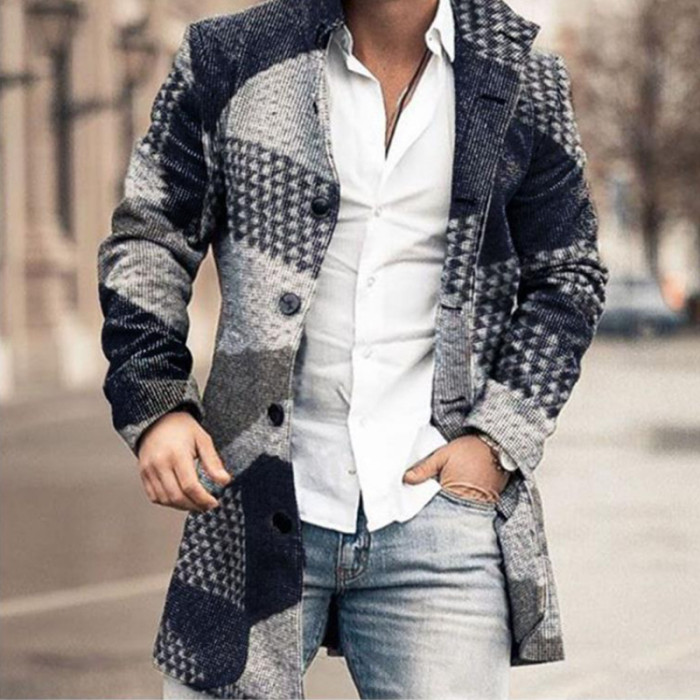 Men's Plaid Trench Coat Wool Fashion Single Breasted Printed  Jackets