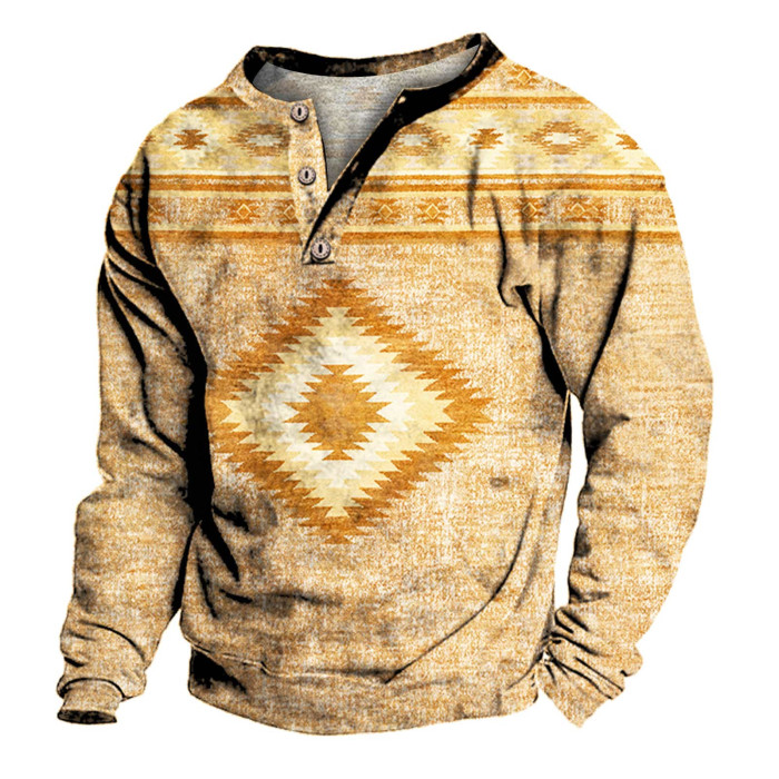 Men's Loose V Neck Long Sleeves Fashion Button Casual Ethnic