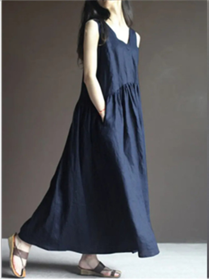 Cotton Linen Loose Fashionable Comfortable Sleeveless Solid Color Retro  Maxi Dress