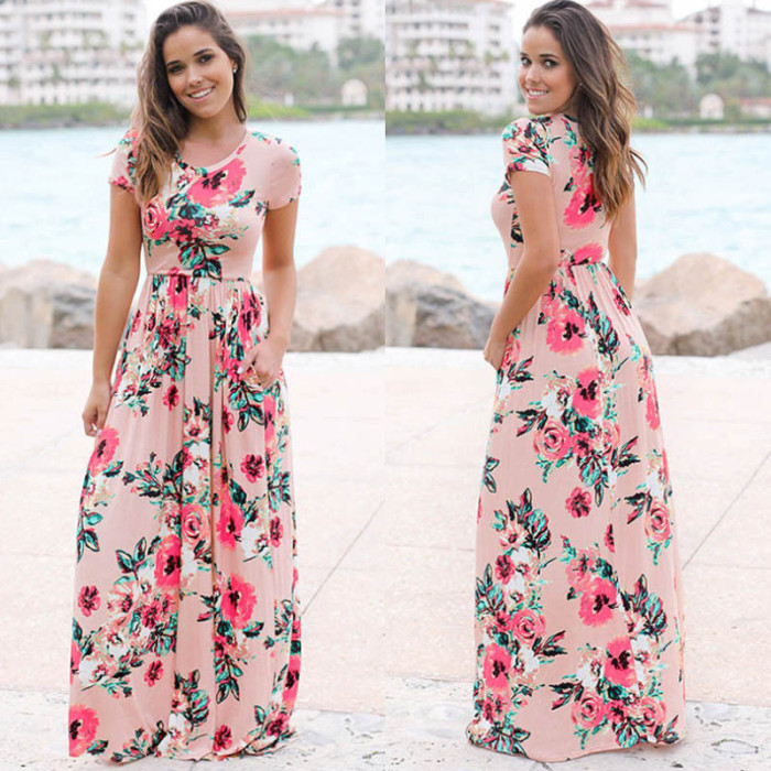 Trendy Floral Print Boho Beach Loose Maxi Dress