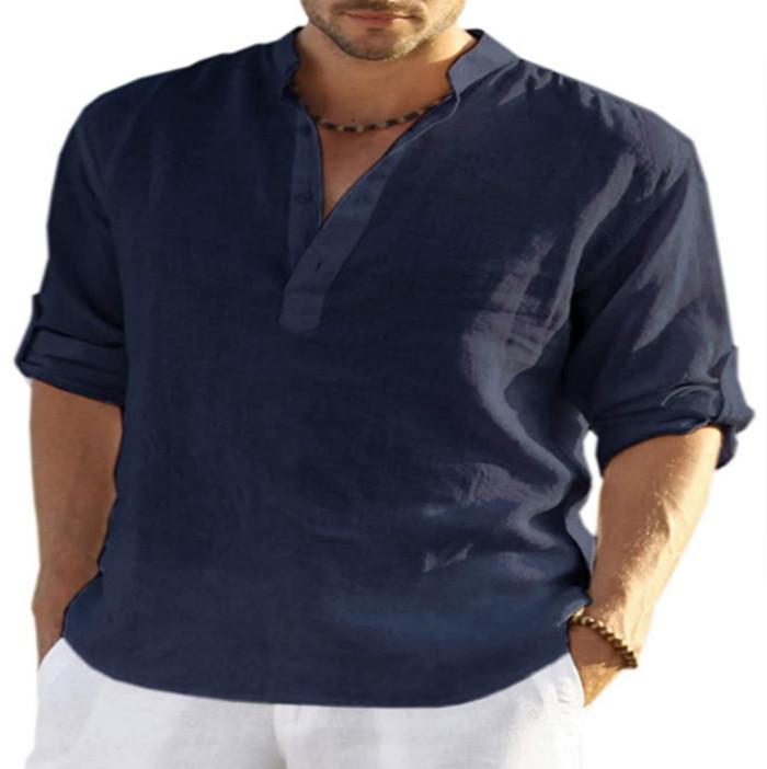 Men's Casual Cotton Linen Loose Top Long Sleeve Vintage Blouse & Shirts