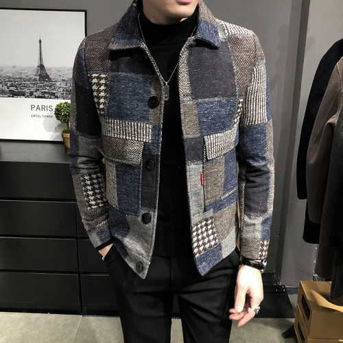 Fashion Men's Casual Lapel Hooded Slim Plaid Wool Coat