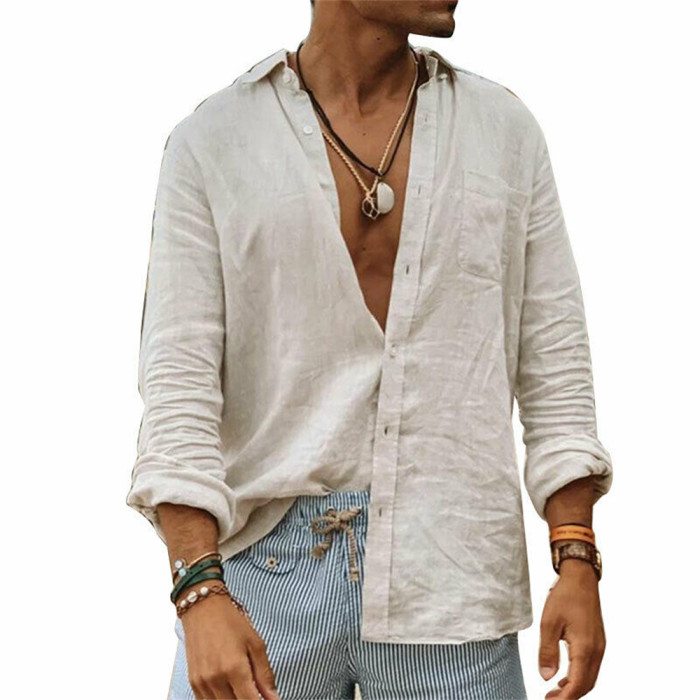 Men's Casual Cotton Linen Stand Collar Solid Color Long Sleeve Loose Blouse & Shirts
