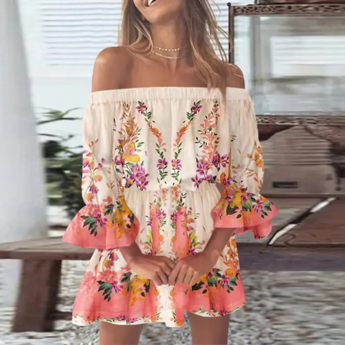 Sexy Off Shoulder Floral Print Half Sleeve Slash Neck Casual Party Mini Dress