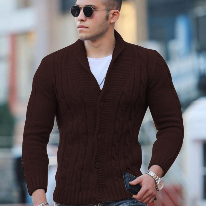 Men's Fashion Knit Solid Color Single Breasted Lapel Slim Button Cardigan