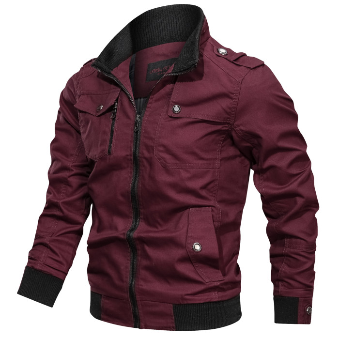 Men's Workwear Jacket Solid Color Zipper Pocket Stand Collar Pure Cotton Coats