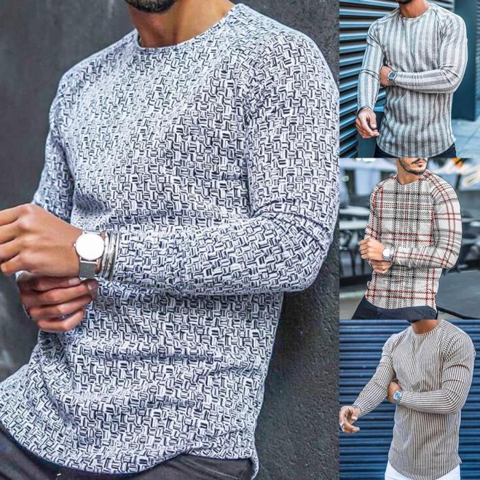 Fashion Long Sleeve Slim Striped Plaid Print Men's Pullover Sweater