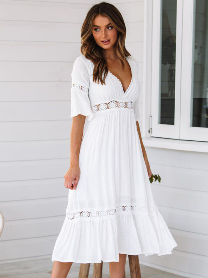 Bohemian Hollow Short Sleeve V Neck Loose Fashion Casual Party  Maxi Dress