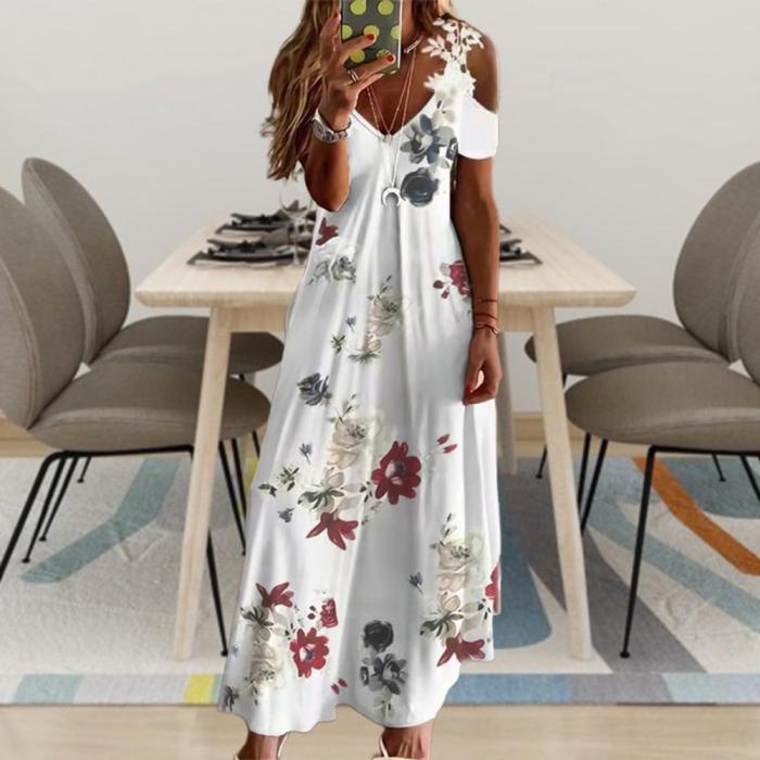 Fashion Feather Print Lace Camisole Loose Cutout A Line Maxi Dress