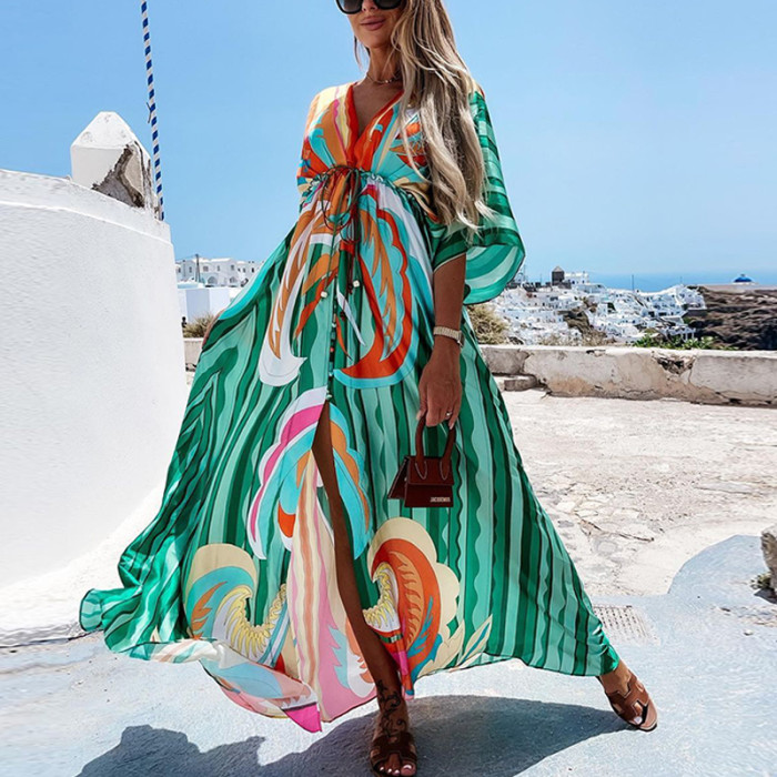 Elegant Deep V Neck Print Casual Button Party Loose Slit Beach Maxi Dress