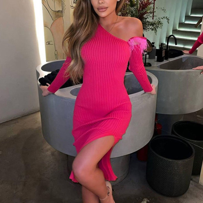 Elegant Sexy Slant Neck Tight Fashion Solid Color Knitted Dress