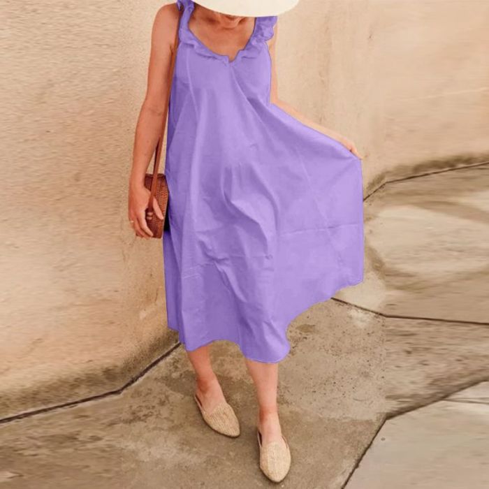 Elegant Sleeveless Strap Beach Solid Color Loose Ruffle Casual Midi Dress